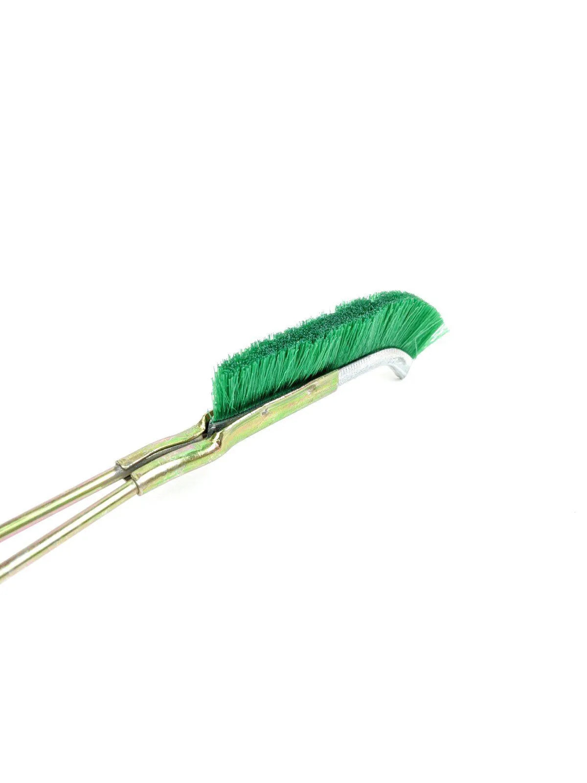 Green nylon wire brush with angled head and metal handle for rust removal.