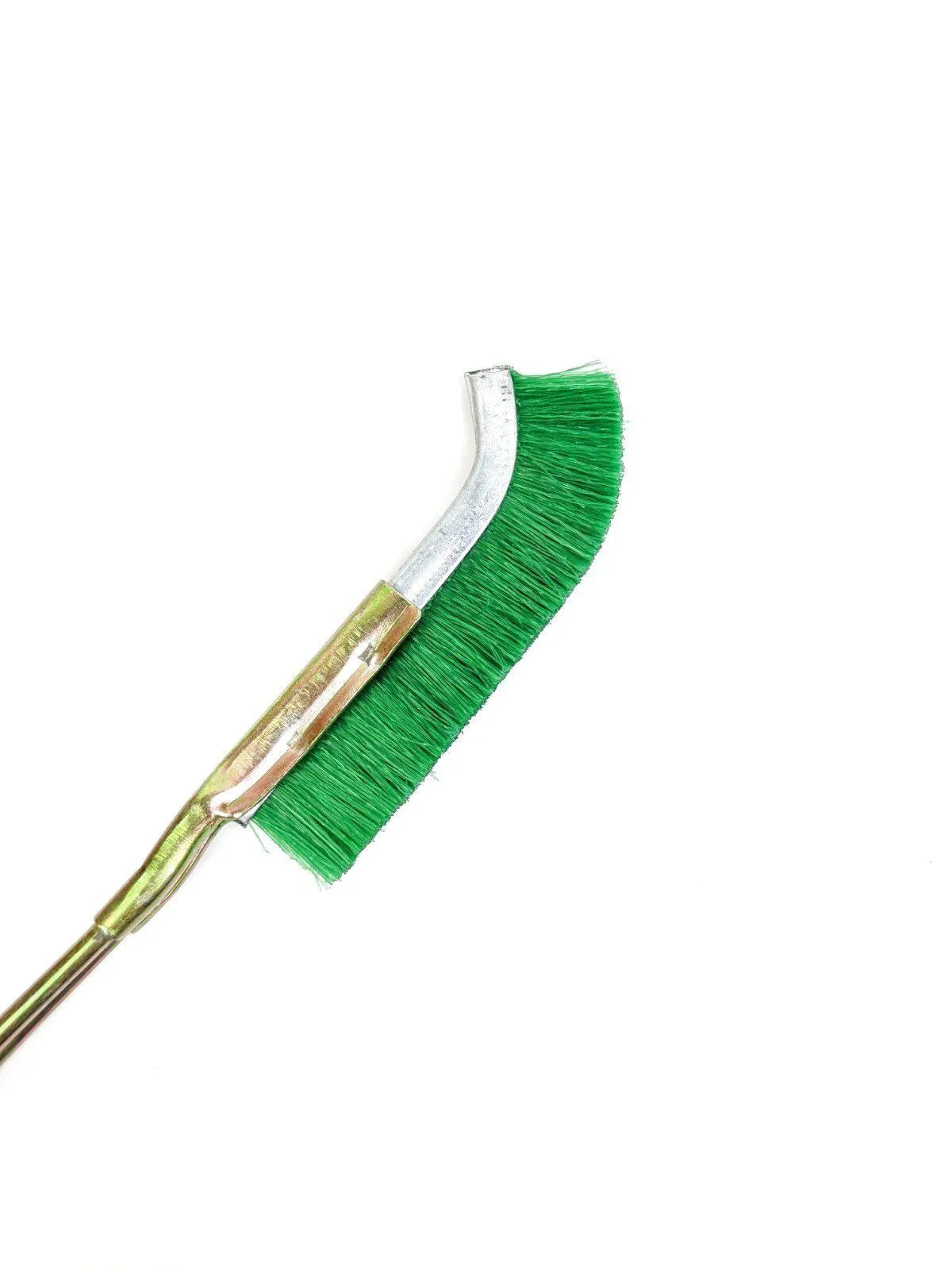Green nylon wire brush with angled head and metal handle for rust removal.