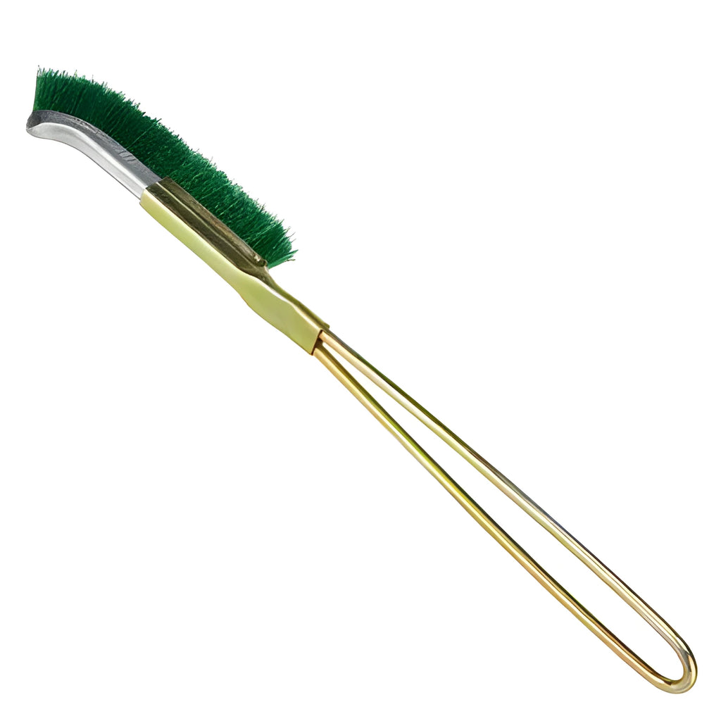 Green nylon wire brush with angled head and metal handle for rust removal.