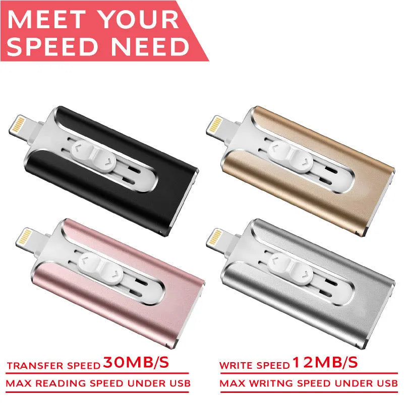 Metal triple-interface USB flash drive with USB, USB-C and Lightning connectors in black, silver, gold or rose gold.