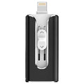 Metal triple-interface USB flash drive with USB, USB-C and Lightning connectors in black, silver, gold or rose gold.