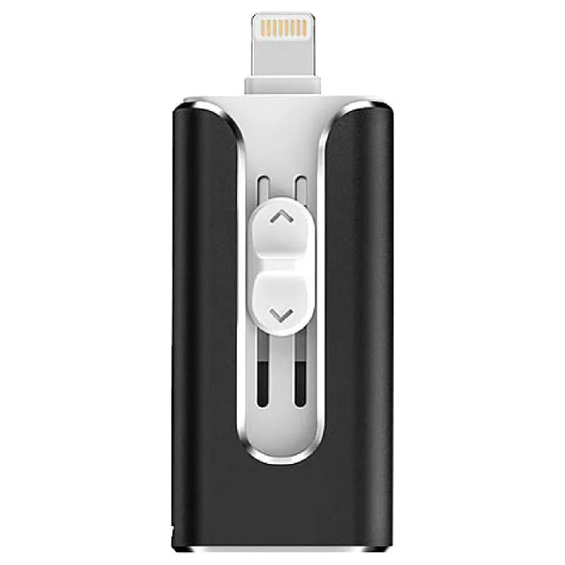 Metal triple-interface USB flash drive with USB, USB-C and Lightning connectors in black, silver, gold or rose gold.