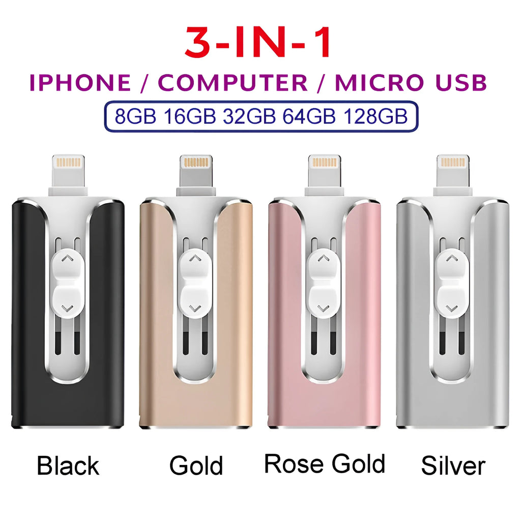 Metal triple-interface USB flash drive with USB, USB-C and Lightning connectors in black, silver, gold or rose gold.