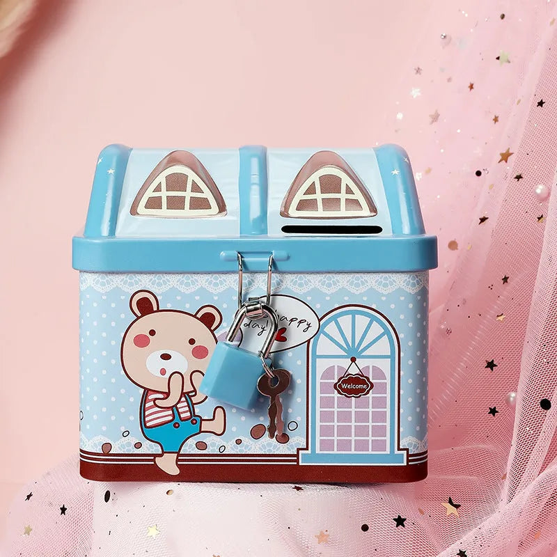 Blue tinplate piggy bank with house shape and round design for coin storage