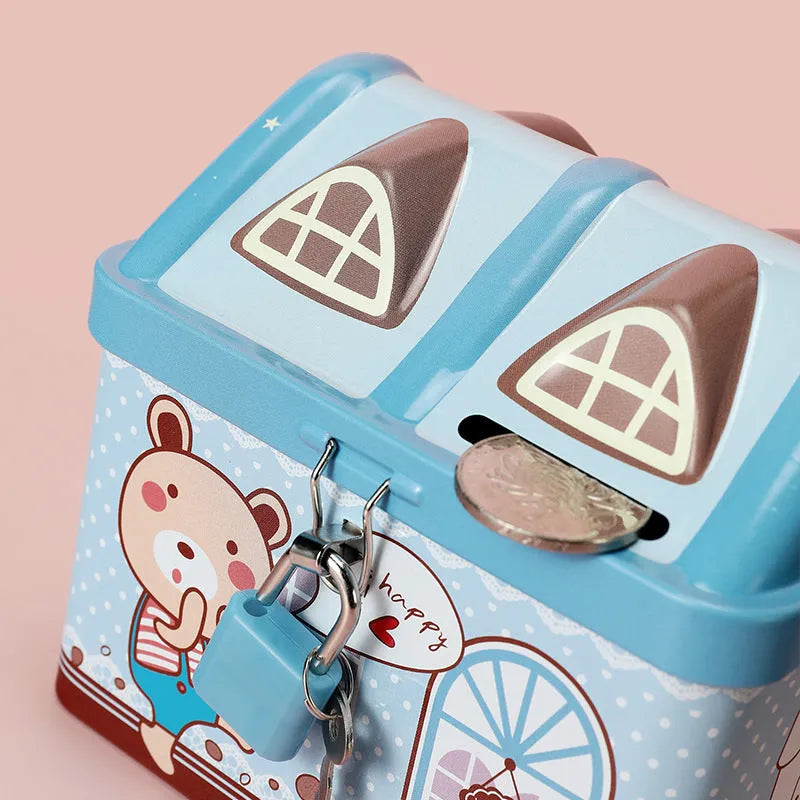 Blue tinplate piggy bank with house shape and round design for coin storage