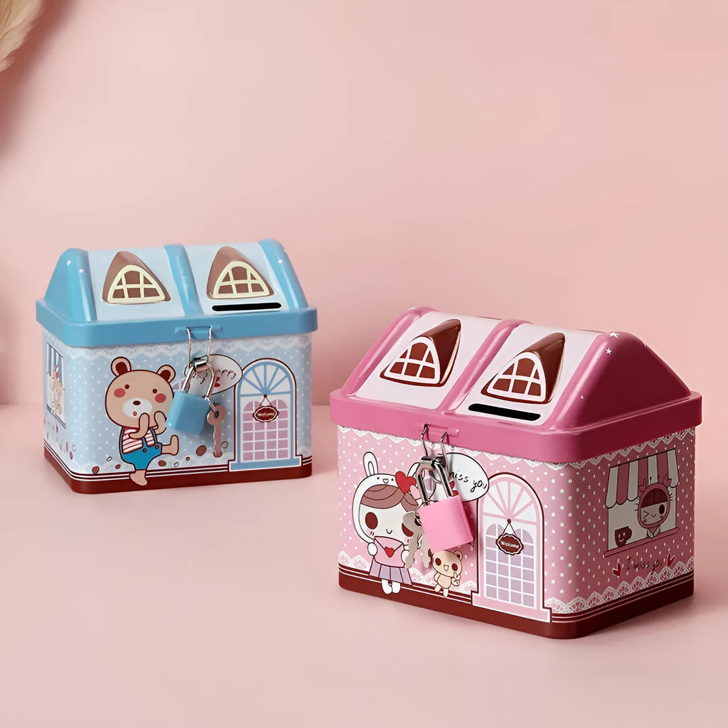 Blue tinplate piggy bank with house shape and round design for coin storage