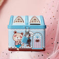 Blue tinplate piggy bank with house shape and round design for coin storage