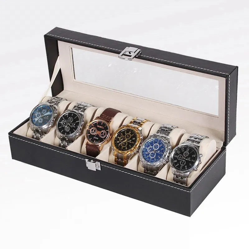 Black wooden watch storage box with six display windows showing dimensions 30x11x8cm
