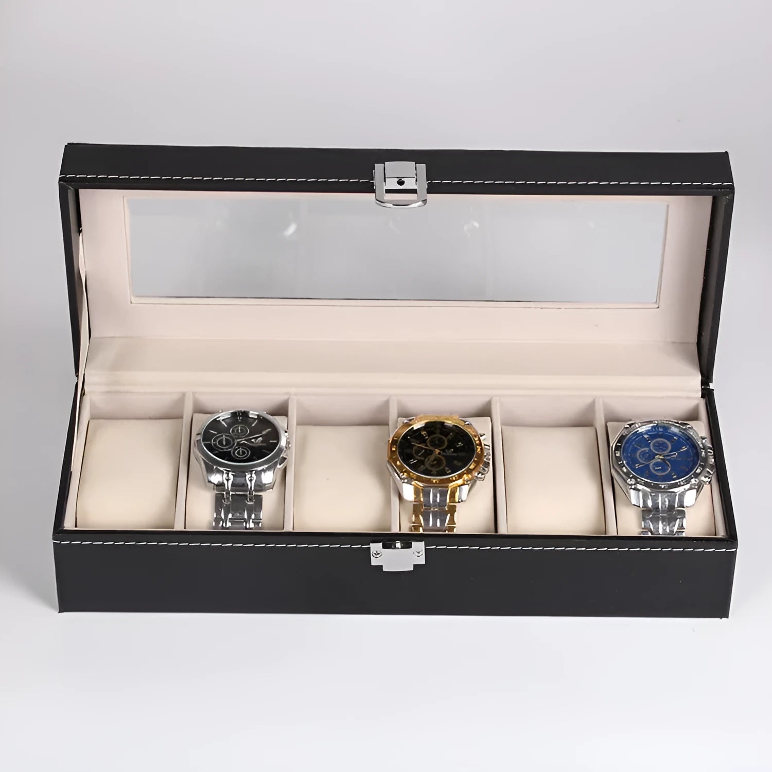 Black wooden watch storage box with six display windows showing dimensions 30x11x8cm