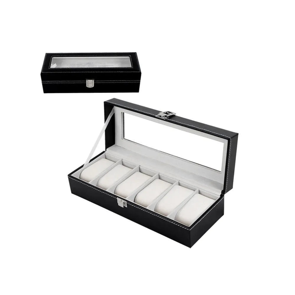 Black wooden watch storage box with six display windows showing dimensions 30x11x8cm