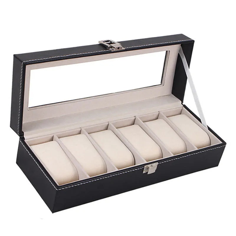 Black wooden watch storage box with six display windows showing dimensions 30x11x8cm