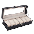 Black wooden watch storage box with six display windows showing dimensions 30x11x8cm