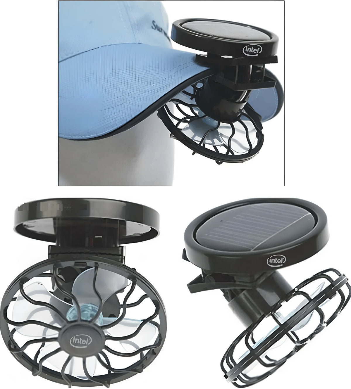 Black solar powered clip-on fan panel for outdoor cooling with rectangular or round bottom options