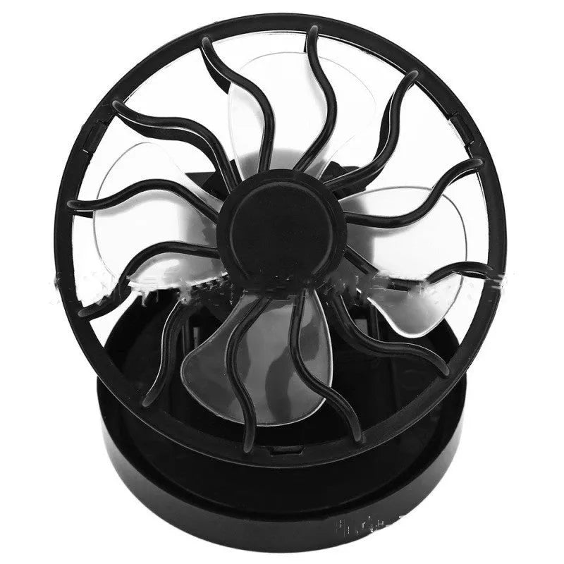 Black solar powered clip-on fan panel for outdoor cooling with rectangular or round bottom options