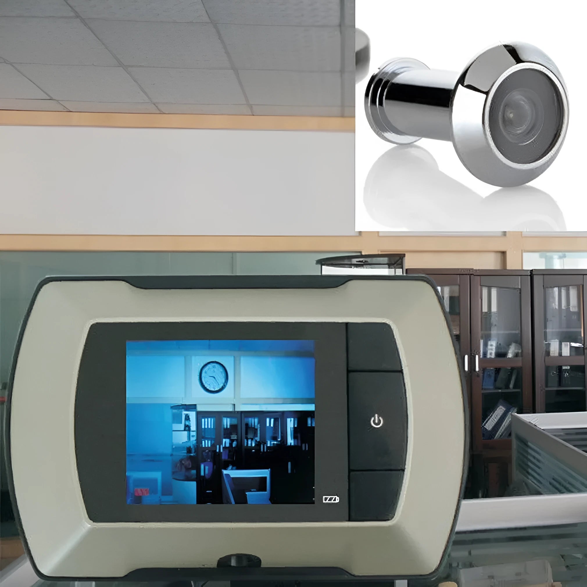 Wireless digital door peephole with indoor LCD monitor and outdoor camera for DIY installation.