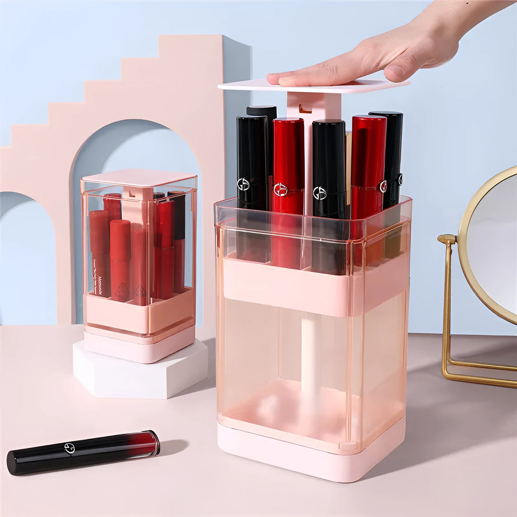Press lift lipstick storage box in pink or white with dust-proof cover and grid compartments for makeup