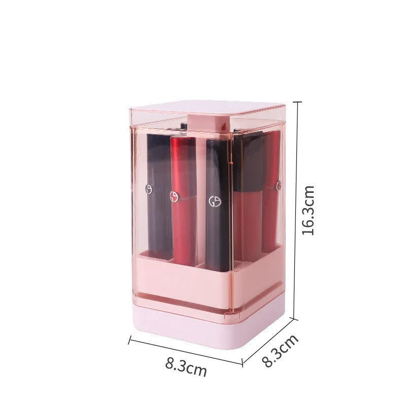 Press lift lipstick storage box in pink or white with dust-proof cover and grid compartments for makeup