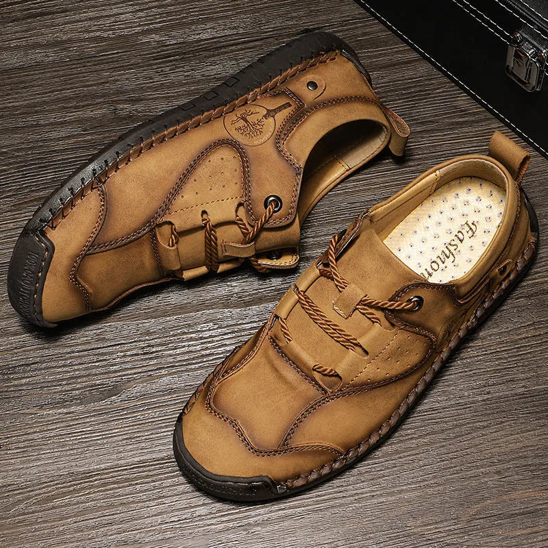 Men's casual microfiber shoes in black, gold, and khaki with round toe and plain design