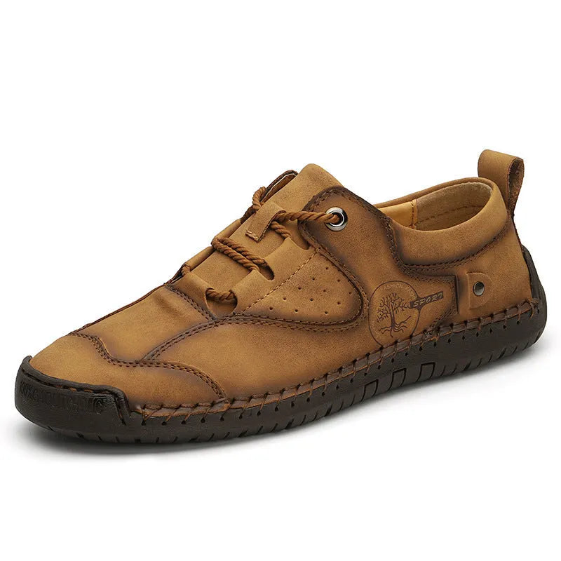 Men's casual microfiber shoes in black, gold, and khaki with round toe and plain design