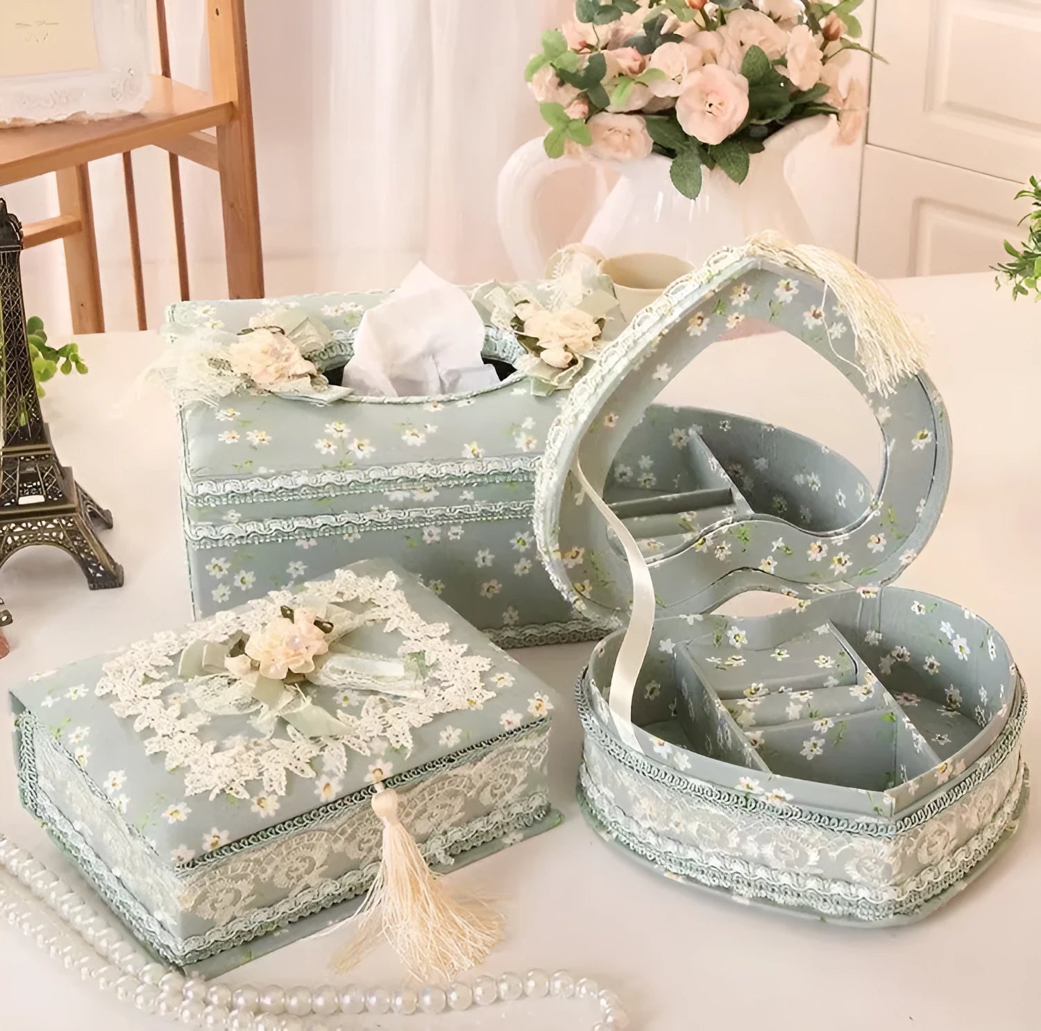 Ceramic tissue box jewellery organiser in bright pink, green or apricot colours