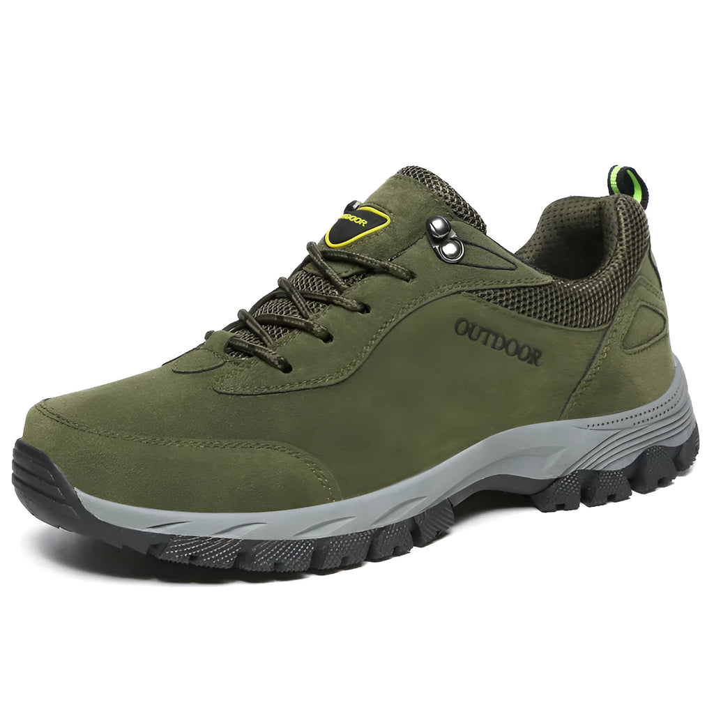 Men's low upper hiking shoes in army green mesh with viscose sole available in large sizes