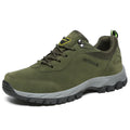 Men's low upper hiking shoes in army green mesh with viscose sole available in large sizes