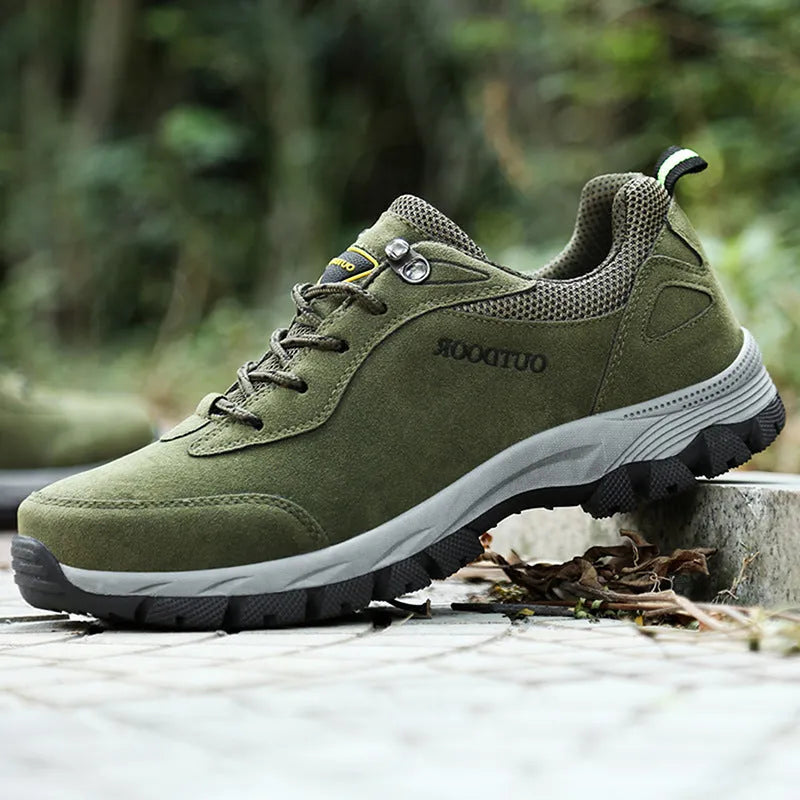 Men's low upper hiking shoes in army green mesh with viscose sole available in large sizes