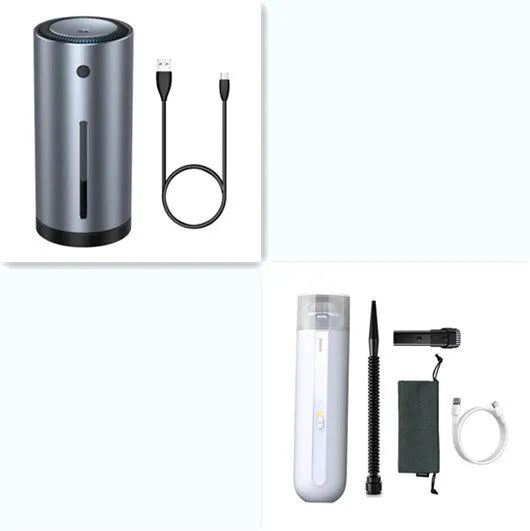 Baseus handheld cordless car vacuum cleaner in black, white, or green with blowing hose attachment.