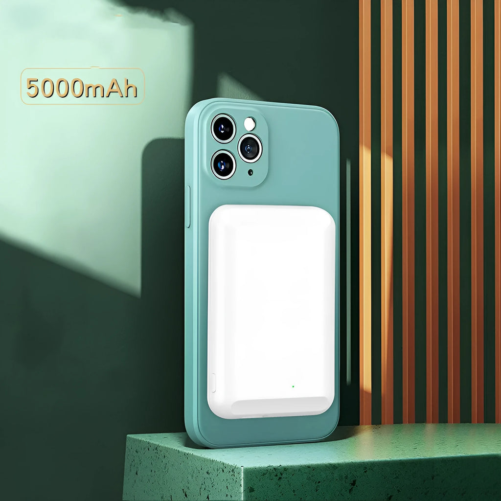 Magnetic wireless power bank in five colour options showing 5000mAh capacity