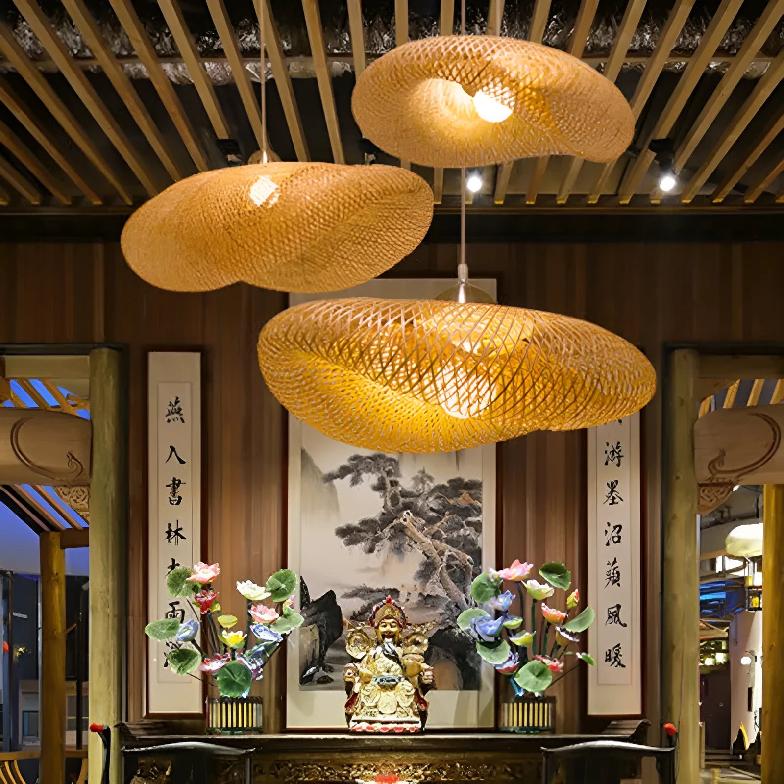 40cm diameter bamboo chandelier lamp in traditional Chinese style for tea room lighting