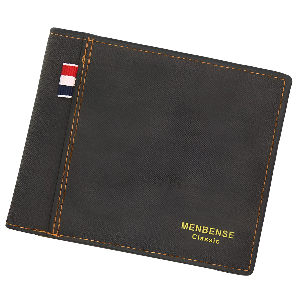 Men's retro-style tri-fold leather wallet showing organisation compartments in black colour option
