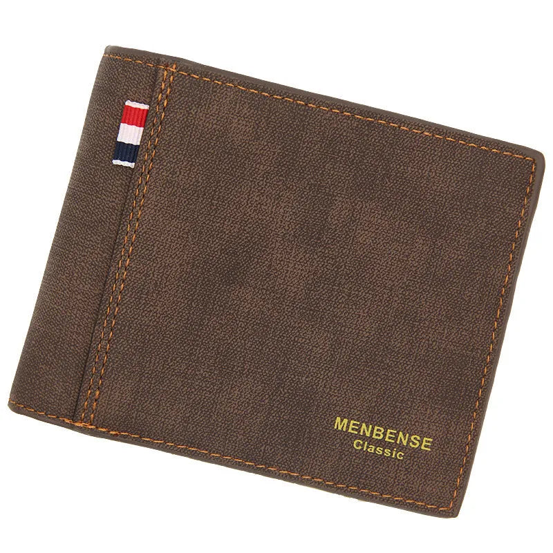 Men's retro-style tri-fold leather wallet showing organisation compartments in black colour option