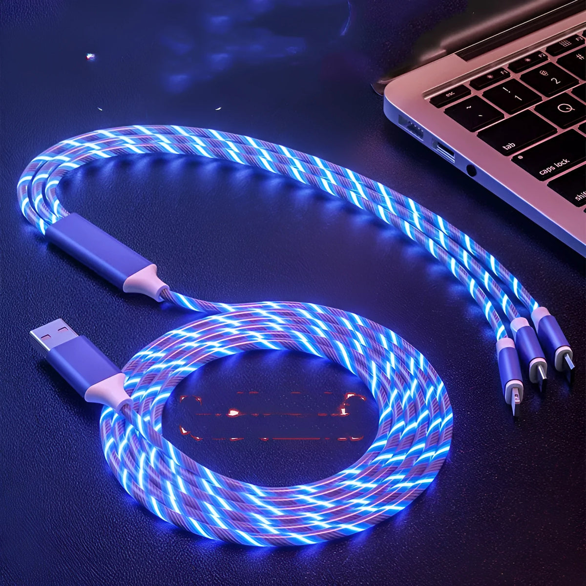 One for three USB streamer data cable with colourful marquee lights showing multi-device charging capability