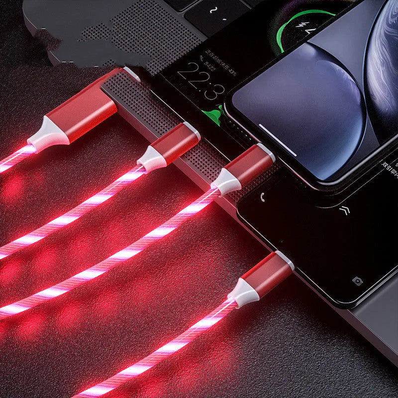 One for three USB streamer data cable with colourful marquee lights showing multi-device charging capability