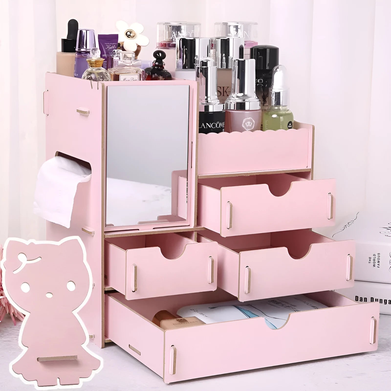 Wooden tabletop cosmetic storage box with internal dividers, shown in a light pink colour option.
