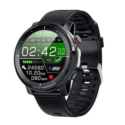 Android smart watch for men with IP68 waterproof rating, 1.3-inch round touchscreen, and silicone wrist strap