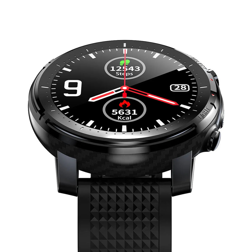 Android smart watch for men with IP68 waterproof rating, 1.3-inch round touchscreen, and silicone wrist strap