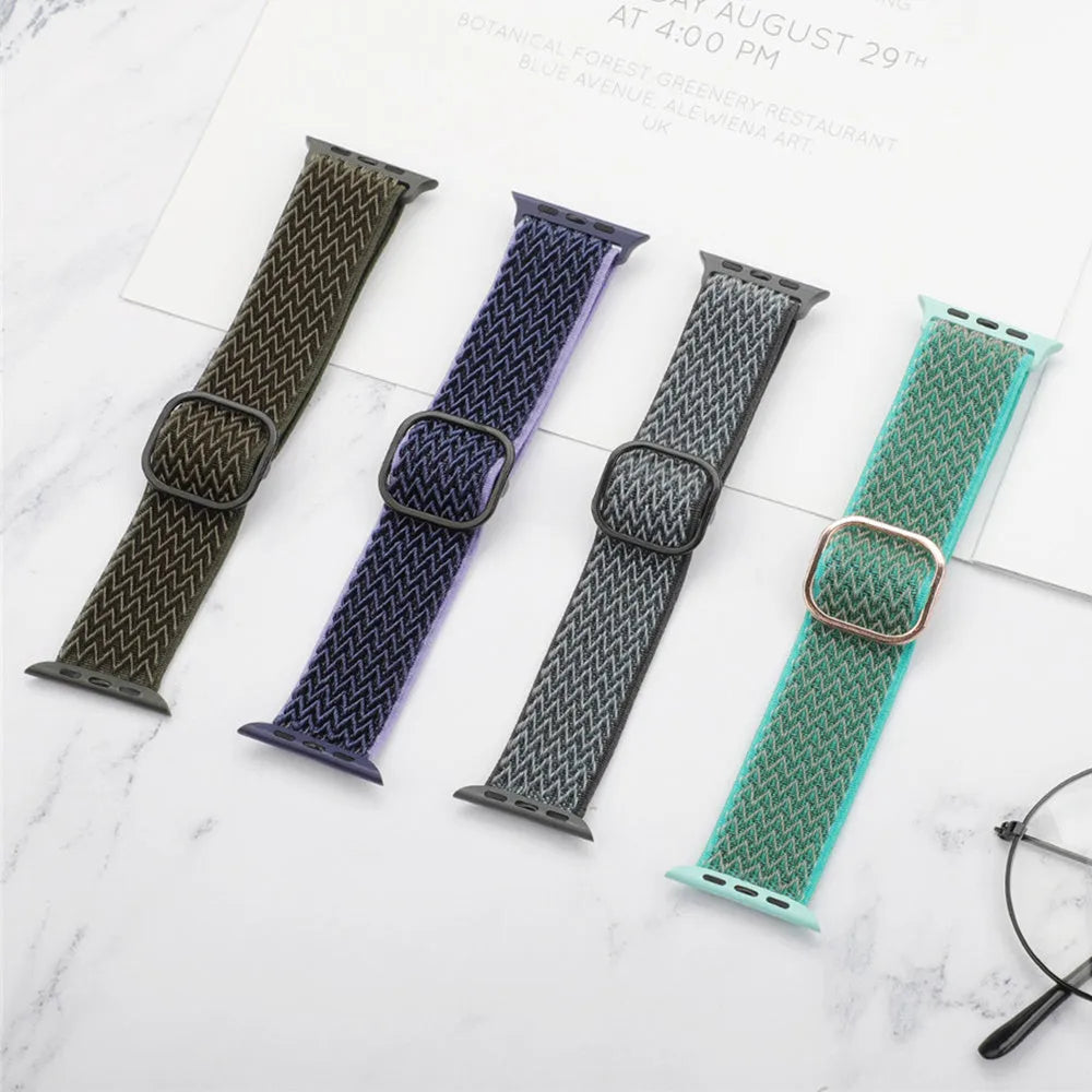 Braided nylon Apple Watch strap with wave pattern design in various colours showing adjustable elastic construction