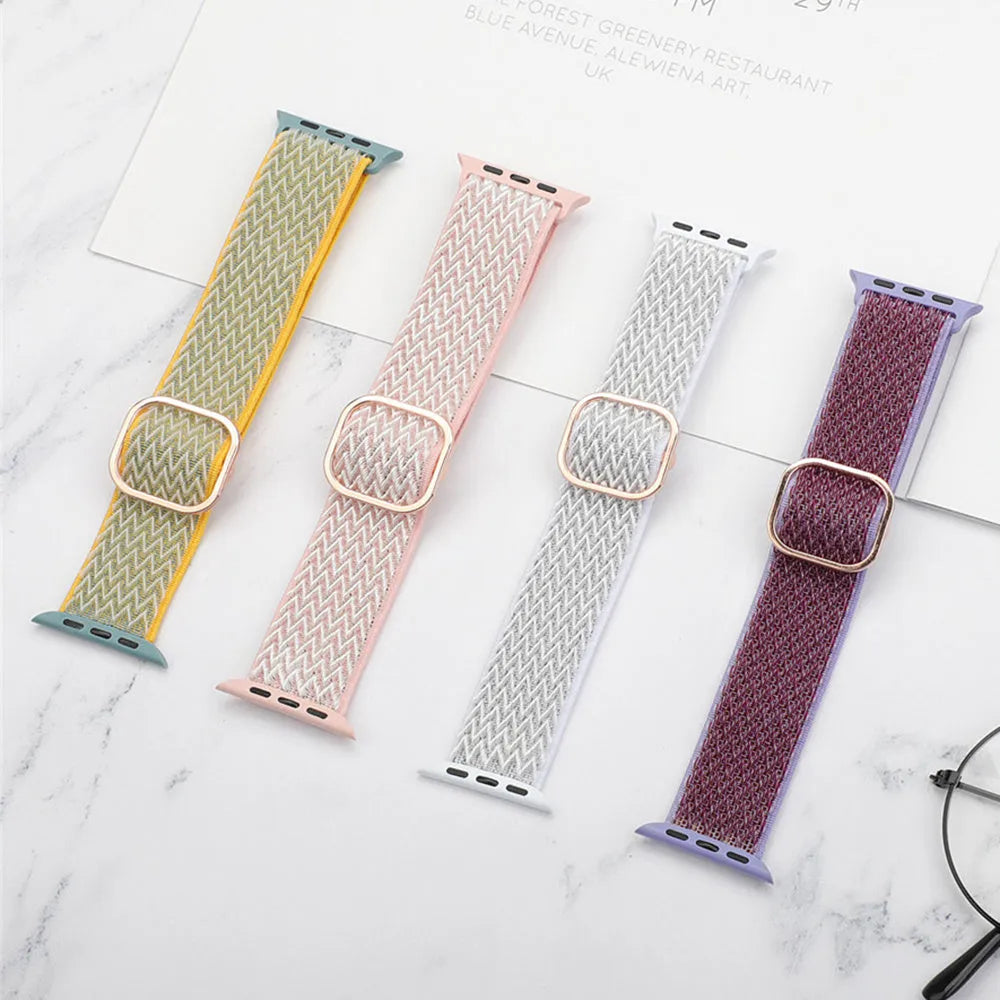 Braided nylon Apple Watch strap with wave pattern design in various colours showing adjustable elastic construction