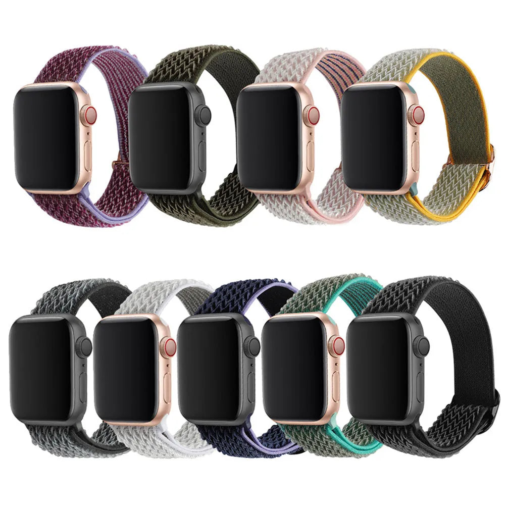 Braided nylon Apple Watch strap with wave pattern design in various colours showing adjustable elastic construction