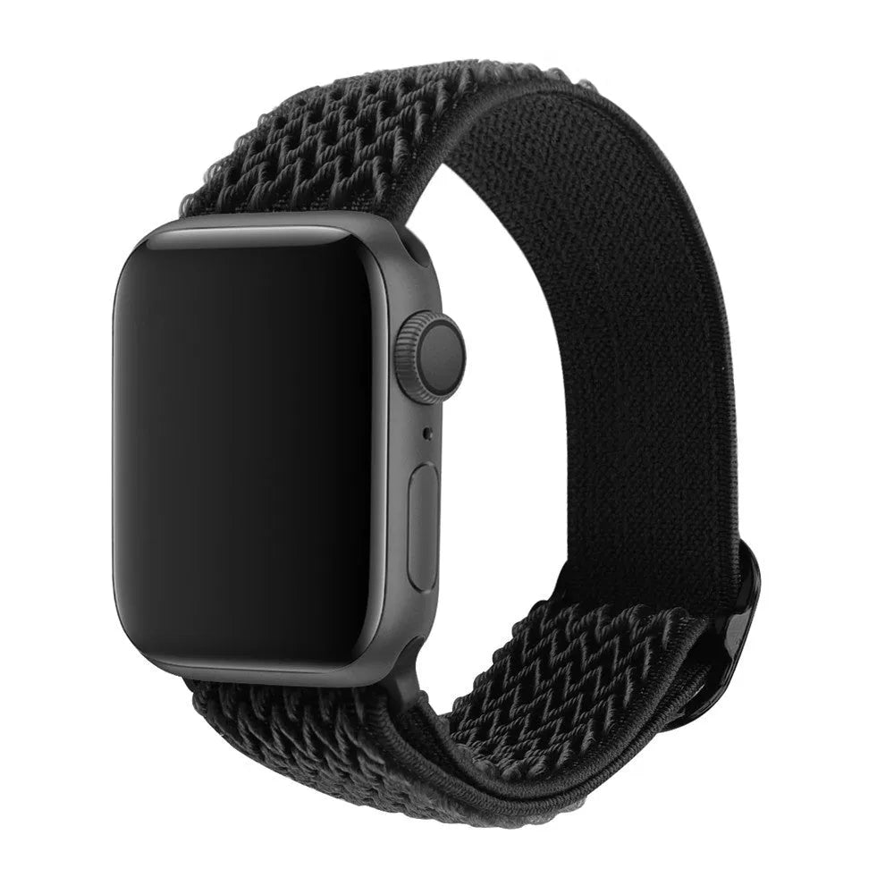 Braided nylon Apple Watch strap with wave pattern design in various colours showing adjustable elastic construction
