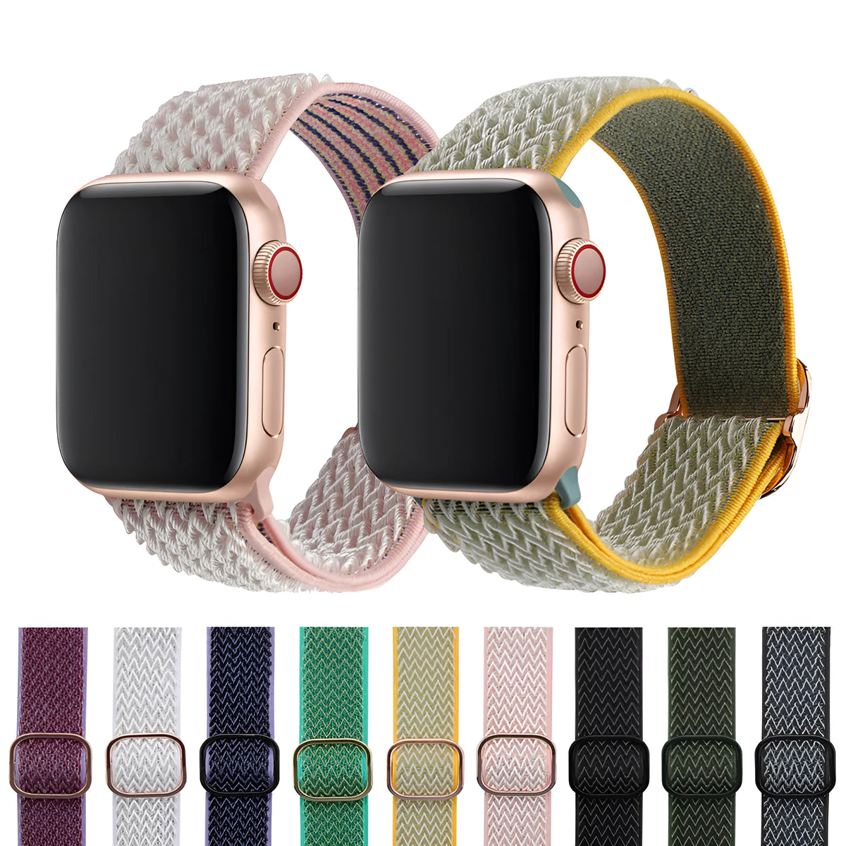 Braided nylon Apple Watch strap with wave pattern design in various colours showing adjustable elastic construction
