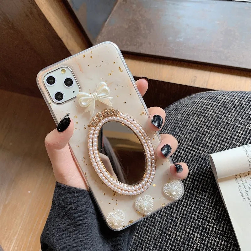 Brown marble patterned iPhone case with rhinestone bowknot decoration and mirror finish