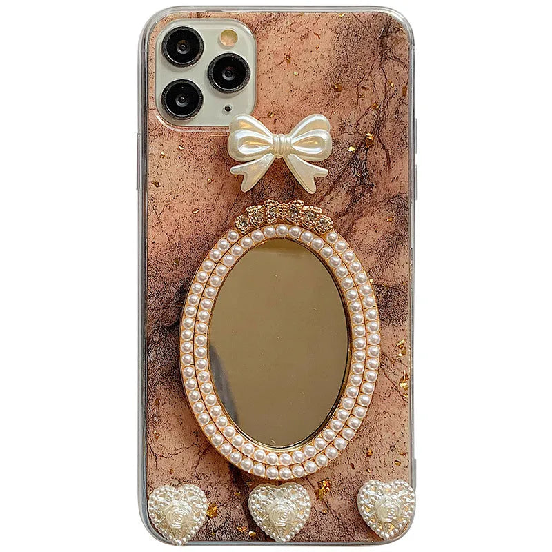 Brown marble patterned iPhone case with rhinestone bowknot decoration and mirror finish