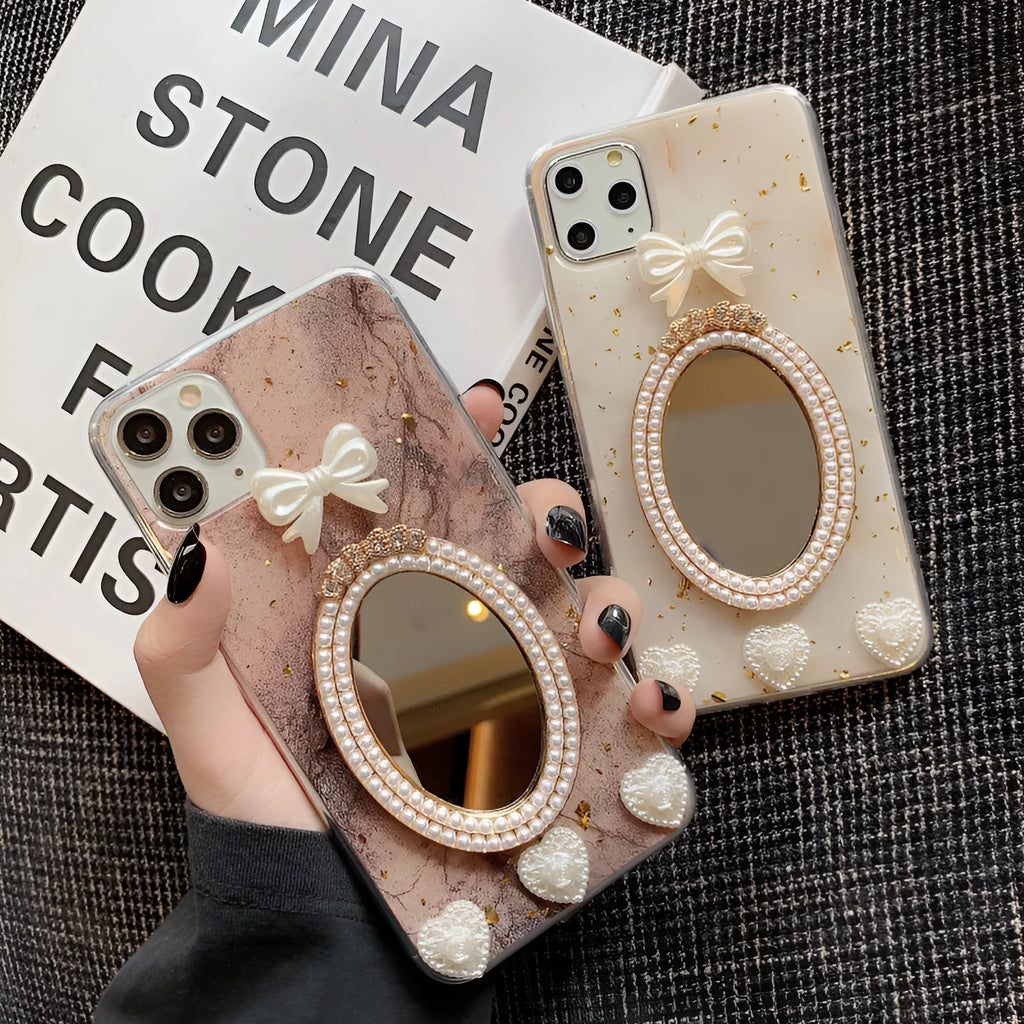 Brown marble patterned iPhone case with rhinestone bowknot decoration and mirror finish