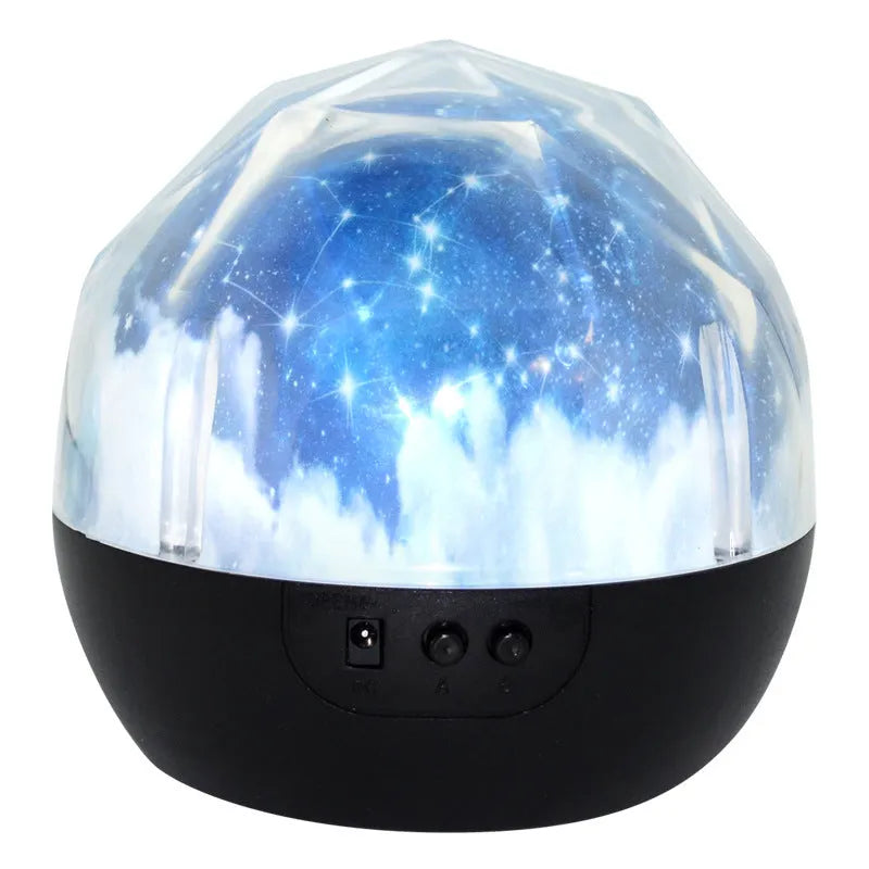Starry sky projector lamp displaying cosmic patterns with Bluetooth connectivity and USB power