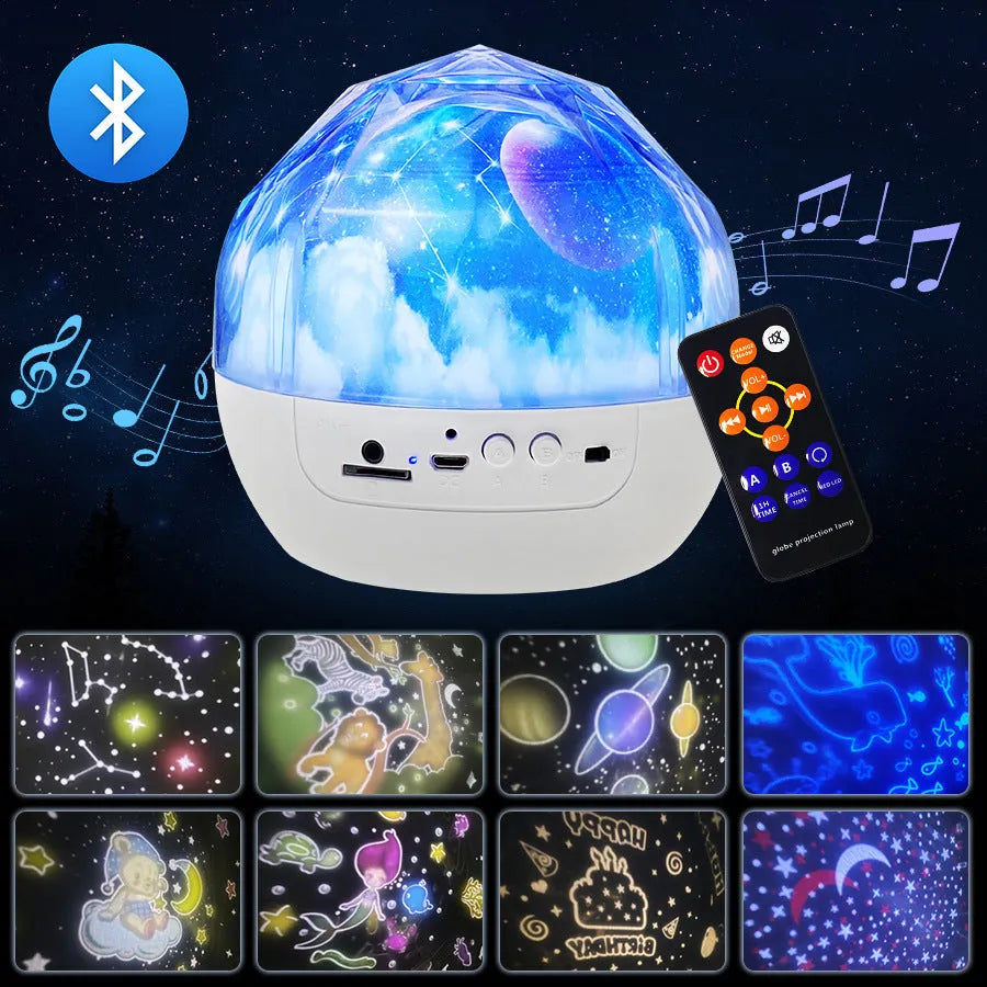 Starry sky projector lamp displaying cosmic patterns with Bluetooth connectivity and USB power