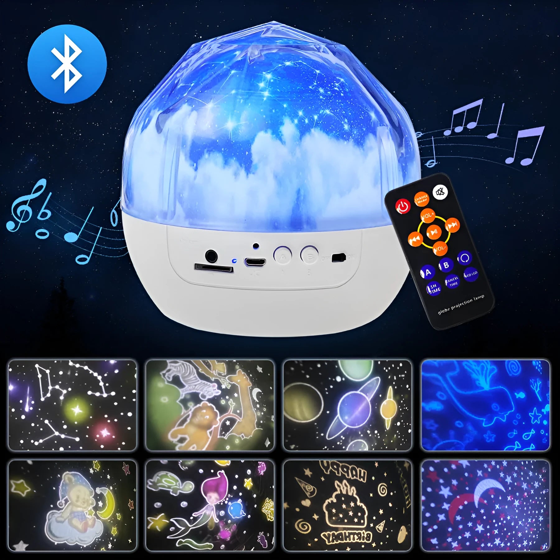 Starry sky projector lamp displaying cosmic patterns with Bluetooth connectivity and USB power