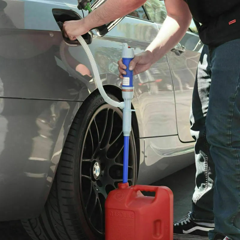 Manual hand siphon pump made of PP plastic for transferring fuel and oil in blue or red
