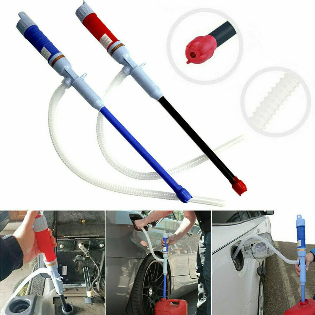 Manual hand siphon pump made of PP plastic for transferring fuel and oil in blue or red